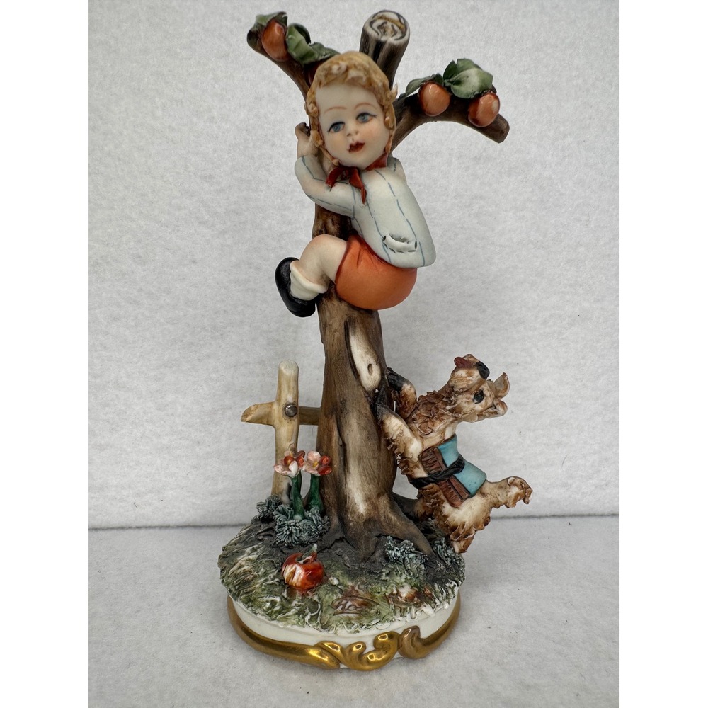 Vintage Porcelain Boy in Apple Tree Figurine with Dog Hand Painted Collectible
